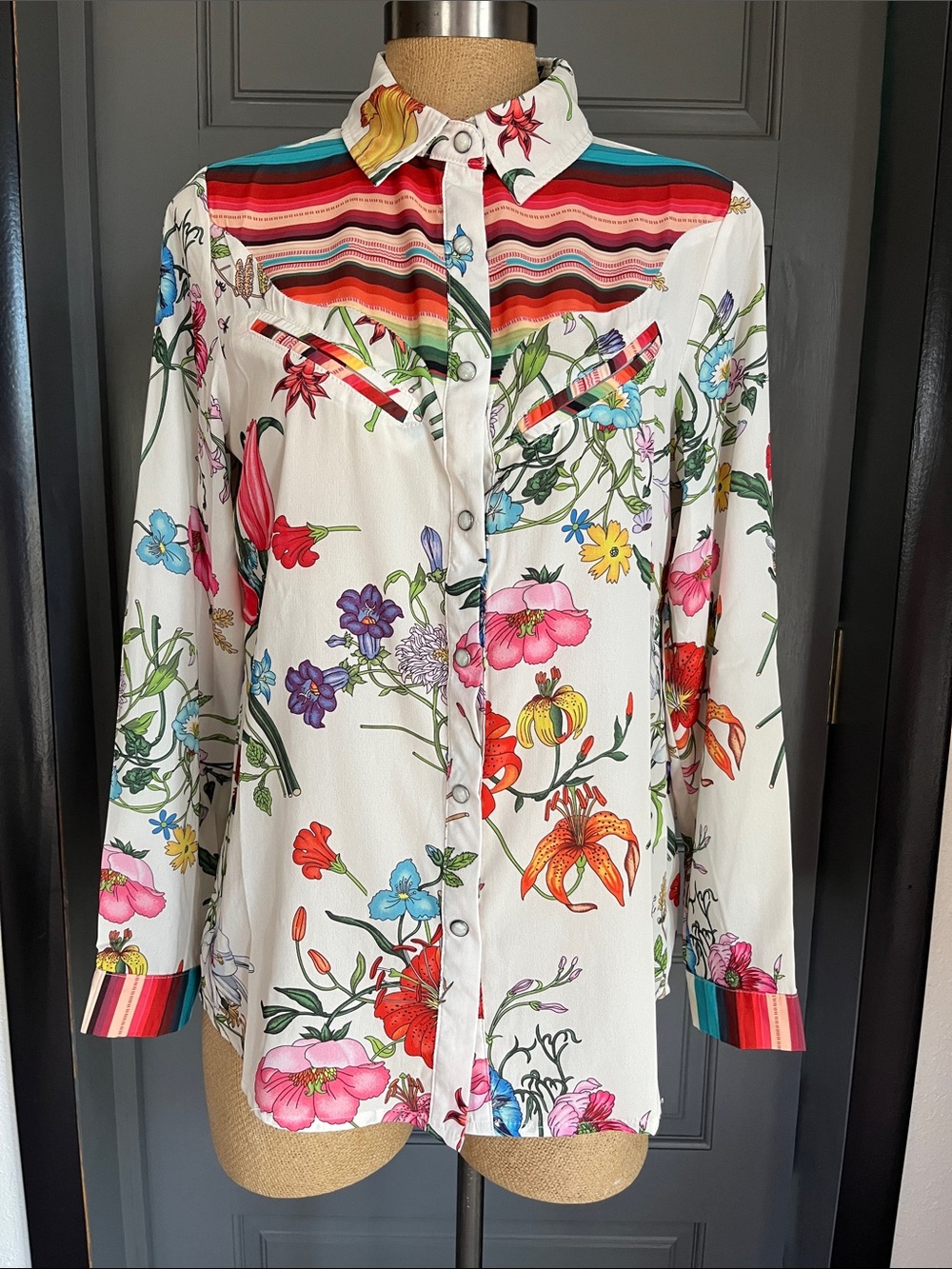 Women’s Western Pearl Snap Shirt in Serape and Vibrant Floral Print